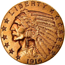 Moneta, USA, Indian Head, $5, Half Eagle, 1916, U.S. Mint, San Francisco