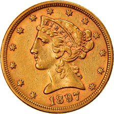 Moeda, Estados Unidos da América, Coronet Head, $5, Half Eagle, 1897, U.S.