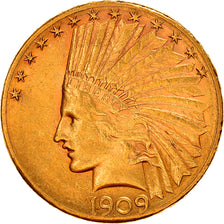 Moneta, USA, Indian Head, $10, Eagle, 1909, U.S. Mint, Denver, AU(50-53)