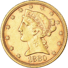 Moneta, Stati Uniti, Coronet Head, $5, Half Eagle, 1880, Philadelphia, BB+, Oro