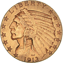 Moneta, Stati Uniti, Indian Head, $5, Half Eagle, 1913, San Francisco, BB+, Oro