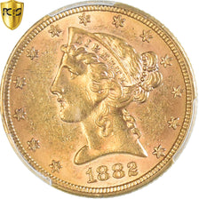 Moneta, USA, Coronet Head, $5, Half Eagle, 1882, Philadelphia, PCGS, AU58