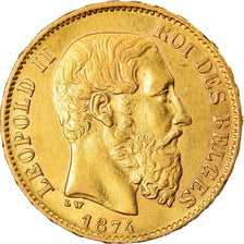 Moneda, Bélgica, Leopold II, 20 Francs, 20 Frank, 1874, MBC+, Oro, KM:37