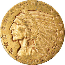 Munten, Verenigde Staten, Indian Head, $5, Half Eagle, 1909, Denver, ZF+, Goud