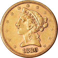 Monnaie, États-Unis, Coronet Head, $5, Half Eagle, 1880, San Francisco, TTB+