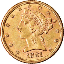 Moneta, Stati Uniti, $5, Half Eagle, 1881, Philadelphia, BB+, Oro, KM:101