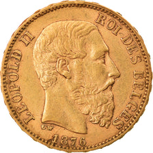 Moneda, Bélgica, Leopold II, 20 Francs, 20 Frank, 1876, MBC+, Oro, KM:37