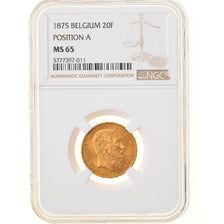 Moneda, Bélgica, Leopold II, 20 Francs, 20 Frank, 1875, NGC, MS65, FDC, Oro