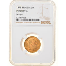 Moneda, Bélgica, Leopold II, 20 Francs, 20 Frank, 1875, NGC, MS64, SC+, Oro