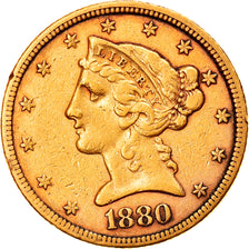 Moneta, Stati Uniti, Coronet Head, $5, Half Eagle, 1880, Philadelphia, BB, Oro