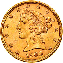 Moneta, Stati Uniti, Coronet Head, $5, Half Eagle, 1900, Philadelphia, SPL, Oro