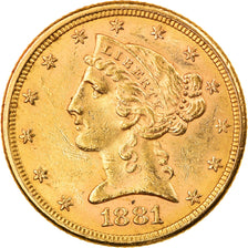 Moneta, Stati Uniti, $5, Half Eagle, 1881, Philadelphia, BB, Oro, KM:101