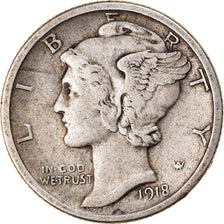 Moneta, USA, Mercury Dime, 1918, Denver, EF(40-45), Srebro, KM:140