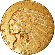 Moneta, USA, Indian Head, $5, Half Eagle, 1911, Denver, Rzadkie, EF(40-45)