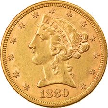 Moneta, USA, Coronet Head, $5, Half Eagle, 1880, Philadelphia, AU(50-53)