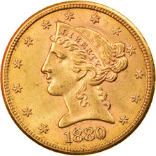 Moeda, Estados Unidos da América, Coronet Head, $5, Half Eagle, 1880, San