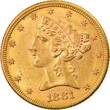 Moneta, Stati Uniti, Coronet Head, $5, Half Eagle, 1881, Philadelphia, BB+, Oro