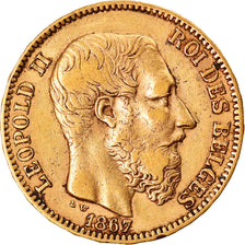 Moneda, Bélgica, Leopold II, 20 Francs, 20 Frank, 1867, BC+, Oro, KM:32