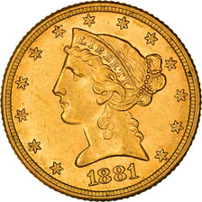 Munten, Verenigde Staten, $5, Half Eagle, 1881, Philadelphia, ZF+, Goud, KM:101