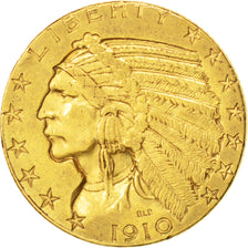 Stati Uniti, Indian Head, $5, Half Eagle, 1910, U.S. Mint, Philadelphia, BB+,...