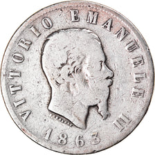 Moneda, Italia, Vittorio Emanuele II, 2 Lire, 1863, Torino, BC, Plata, KM:6a.2