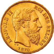 Moeda, Bélgica, Leopold II, 20 Francs, 20 Frank, 1870, MS(60-62), Dourado