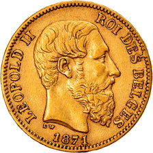 Moneda, Bélgica, Leopold II, 20 Francs, 20 Frank, 1871, MBC, Oro, KM:37