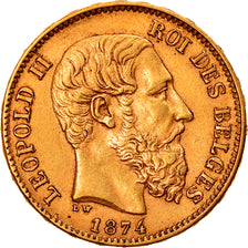 Moneta, Belgia, Leopold II, 20 Francs, 20 Frank, 1874, EF(40-45), Złoto, KM:37