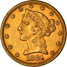 Moneda, Estados Unidos, $5, Half Eagle, 1881, Philadelphia, MBC+, Oro, KM:101