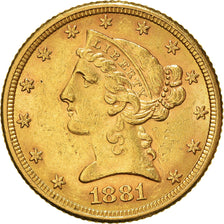 Munten, Verenigde Staten, Coronet Head, $5, Half Eagle, 1881, Philadelphia, ZF+