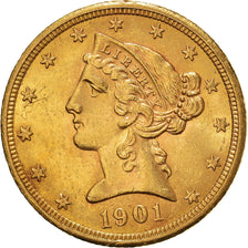 Coin, United States, Coronet Head, $5, Half Eagle, 1901, U.S. Mint, San