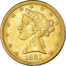 Coin, United States, $5, Half Eagle, 1881, Philadelphia, AU(55-58), Gold, KM:101